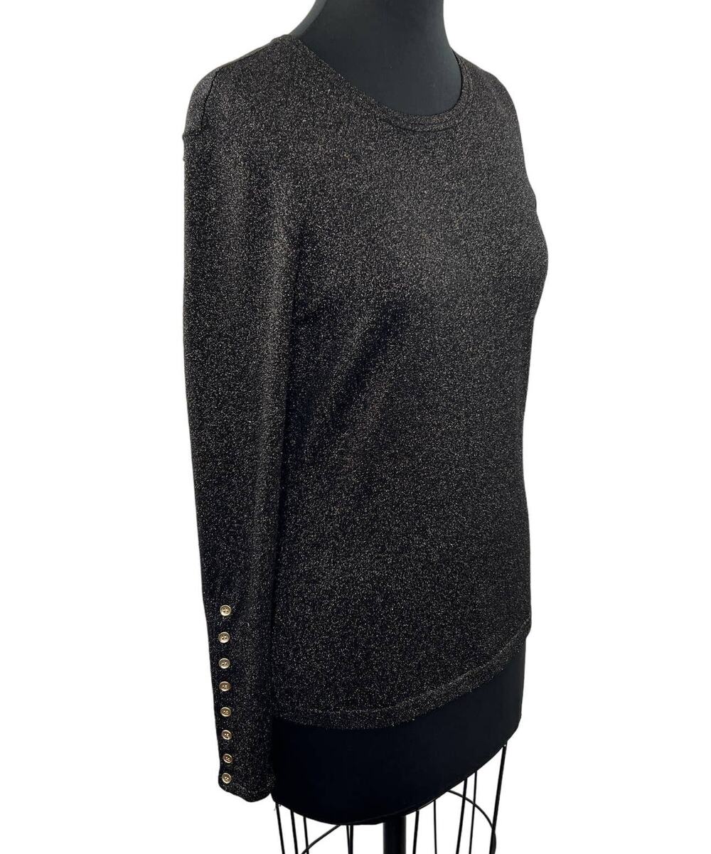 J. McLaughlin Black Silver Glitter Metallic Button-Cuff Long Sleeve Knit Top S